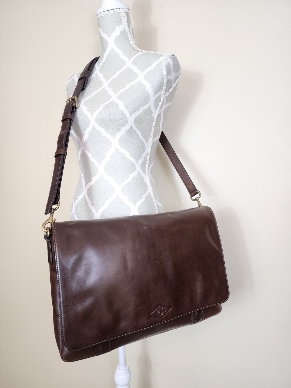 Fossil Aiden Leather Messenger Bag Dark Brown Laptop Work Crossbody Briefcase